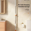 A silver double-sided window cleaning tool with a squeegee and extension handle is shown hanging on a wall.