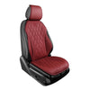 A red quilted leather seat cover for a car seat, featuring black trim and anti-slip material.