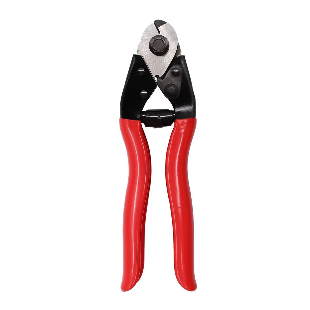 A bicycle brake and shift cable replacement kit with a wire cutter, featuring black and red components.