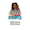 Iron-on patch design featuring a woman with curly hair wearing glasses and a pink top, with the text Chasing Goals not People