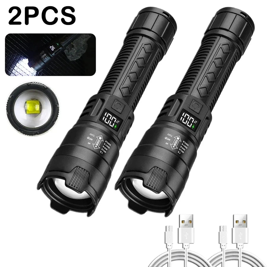 Two black rechargeable LED tactical flashlights with zoom lenses and charging cables