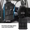 Before and after comparison showing a tactical seat back organizer for car storage
