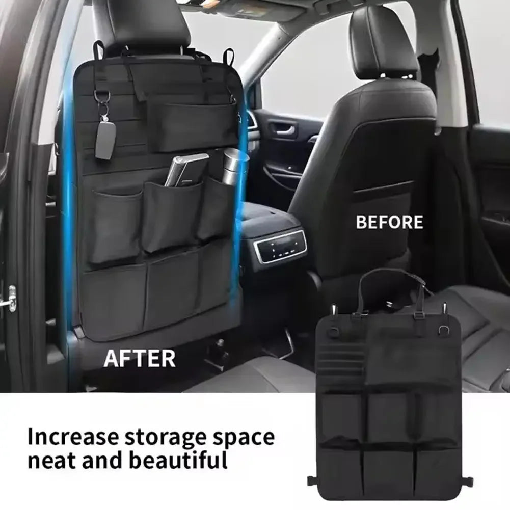 Before and after comparison showing a tactical seat back organizer for car storage