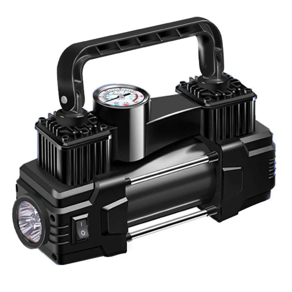 A black portable digital tire inflator with a handle and a pressure gauge is shown.
