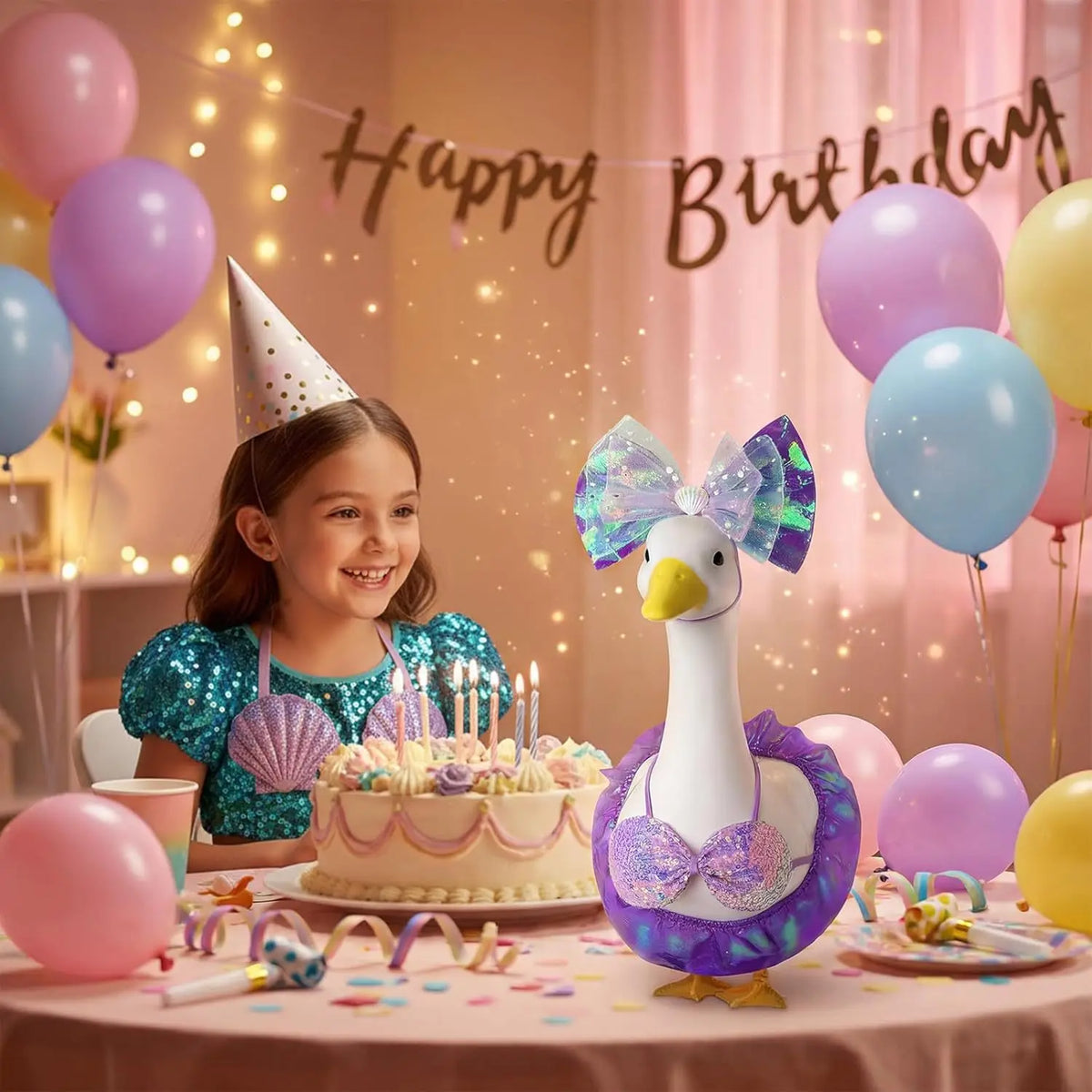 A birthday celebration featuring a white goose statue and purple balloons on a table.