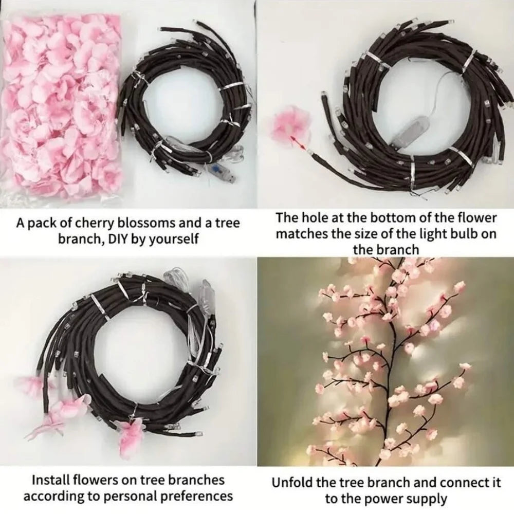 A pack of cherry blossoms and a tree branch used to create a DIY lamp