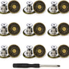 A set of five brass and silver replacement buttons for jeans, including a repair tool.