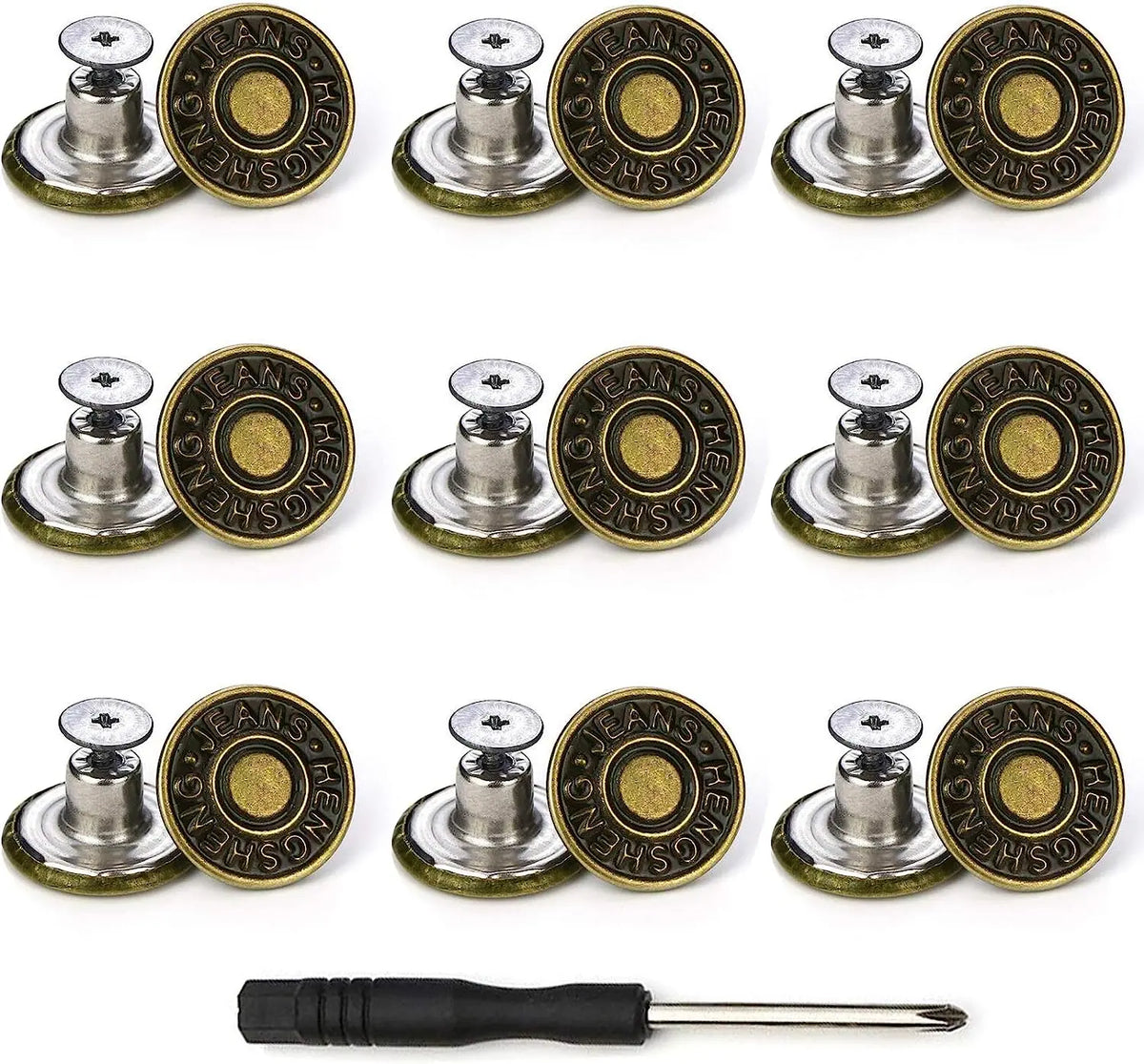 A set of five brass and silver replacement buttons for jeans, including a repair tool.