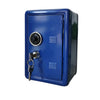 A vintage blue metal piggy bank with a combination lock and key.