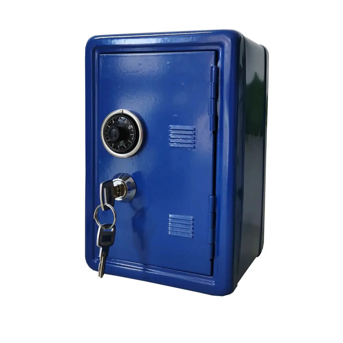 A vintage blue metal piggy bank with a combination lock and key.