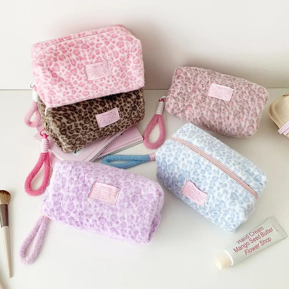 Leopard Print Plush Makeup Bag with Carry Handle