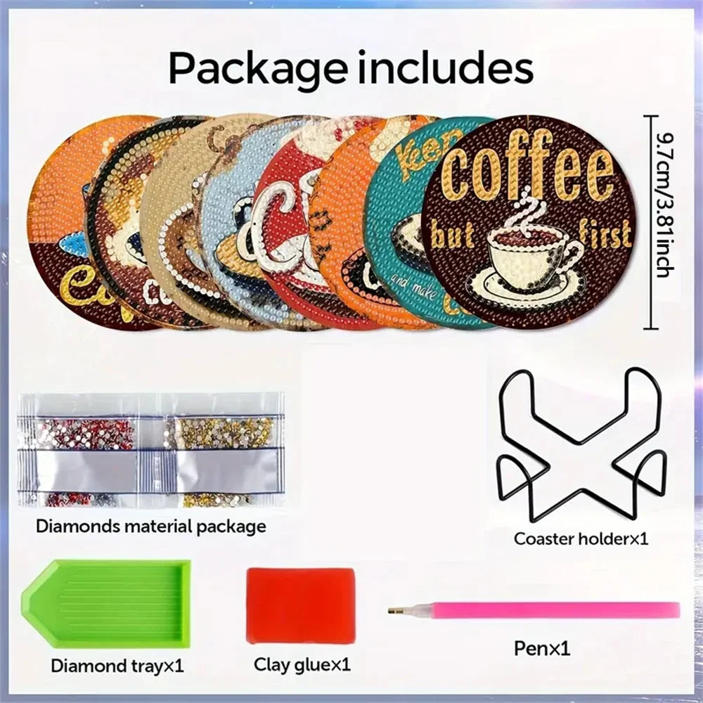 A package includes a set of diamond painting coasters, a coaster holder, and a glue and pen.