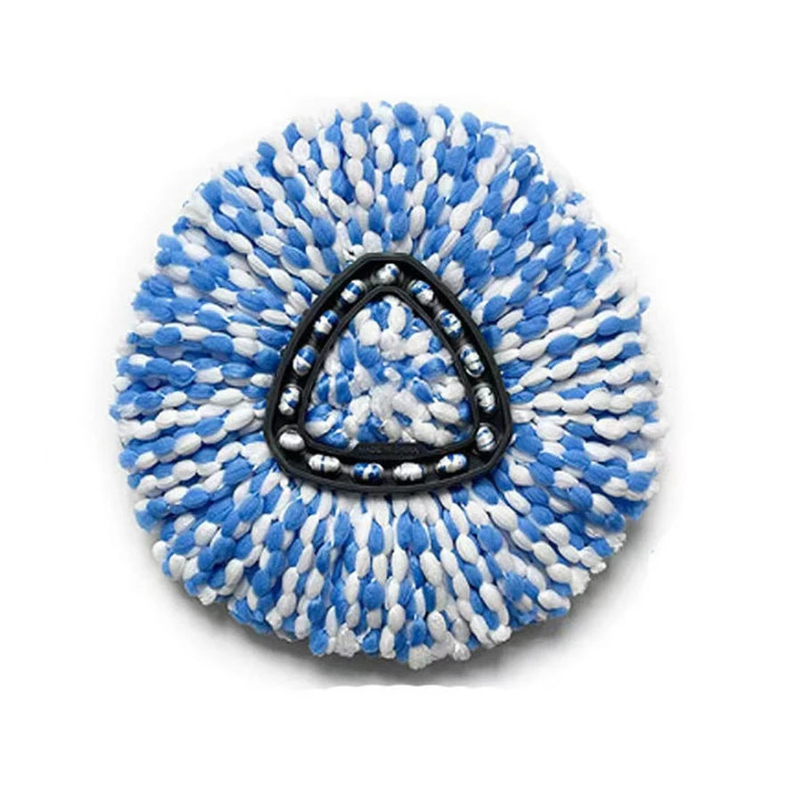 Blue and white bristled mop head with a black triangular insert