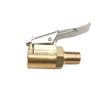 Brass tire inflator chuck with a clip-on valve connector and metal clip.