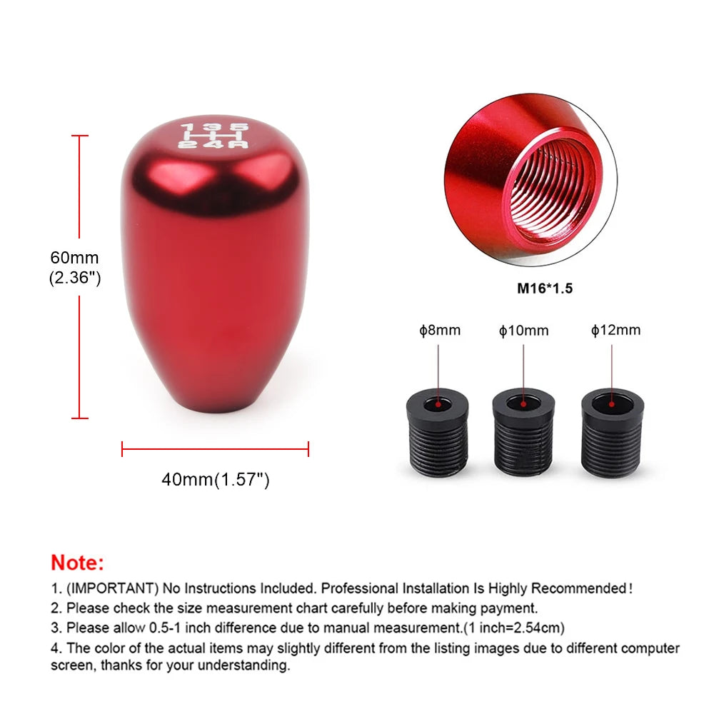 Red aluminum gear shift knob with adapters for 5-speed transmission