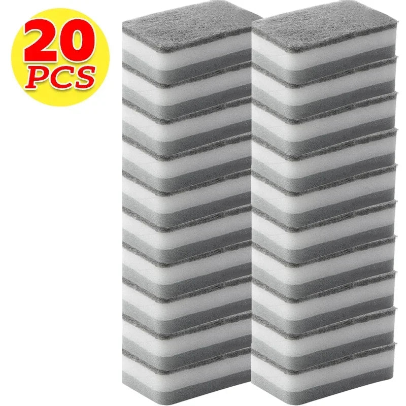 A stack of twenty reusable double-sided cleaning sponges with gray and white stripes.
