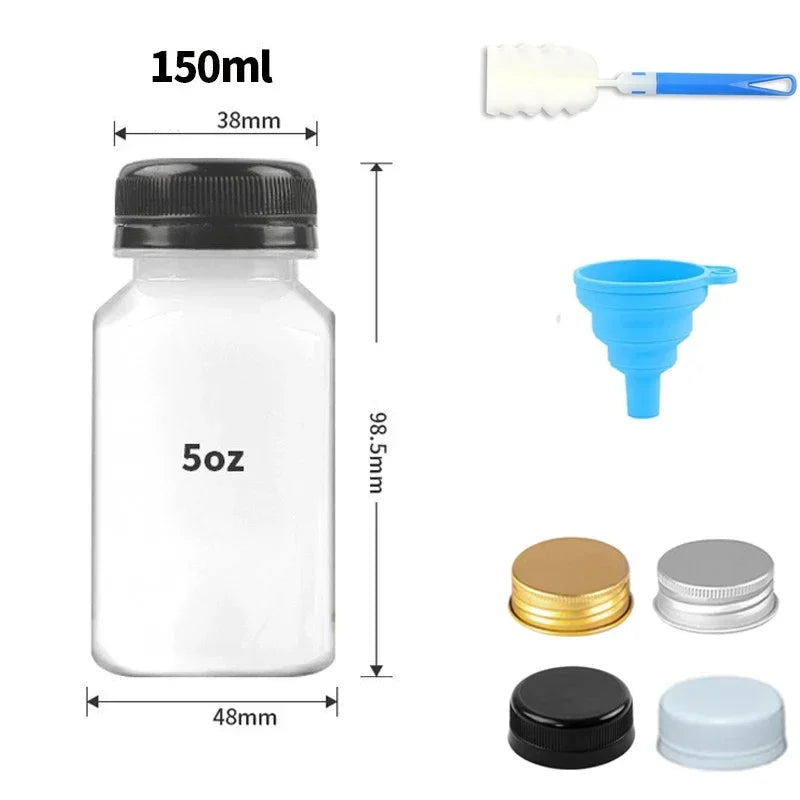 A set of reusable plastic juice bottles with tamper-evident caps, including a bottle, a spatula, and various caps.