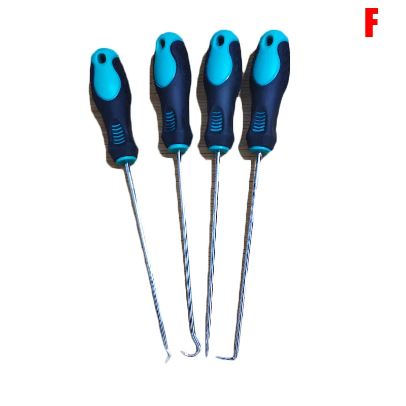 A set of four blue and black automotive pick and hook tools for seal and O-ring removal.