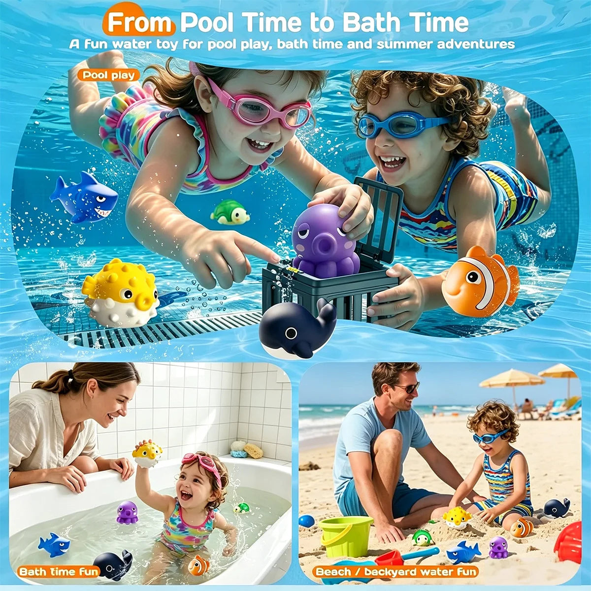 Kids pool diving toys featuring floating animal figures for fun water play