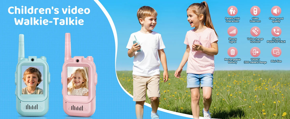 Two children are shown using a pair of pink walkie-talkies with HD cameras outdoors.