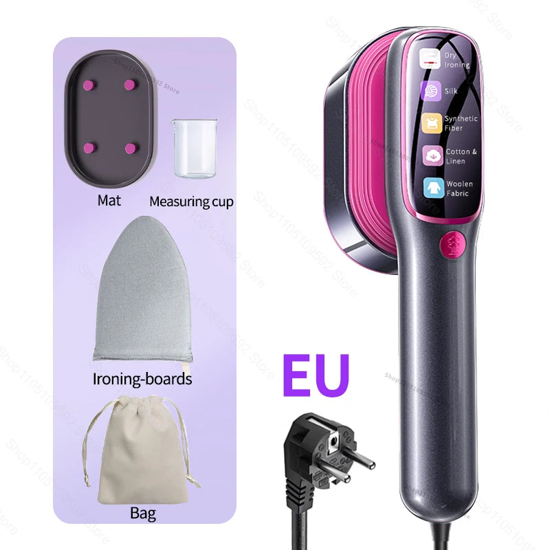 A portable handheld garment steamer with various attachments including a mat, measuring cup, ironing boards, and bag.