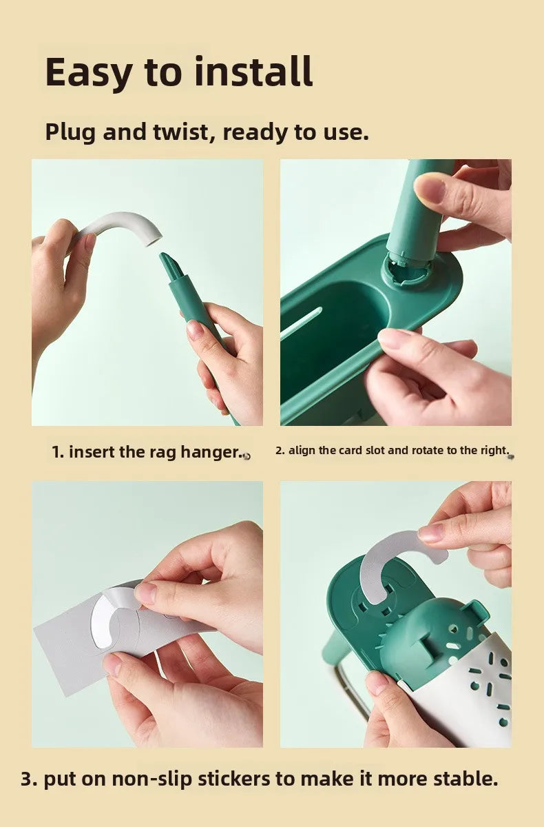 Instructions for installing an adjustable sink sponge holder with a drainer basket, showing steps to insert the hanger and ap