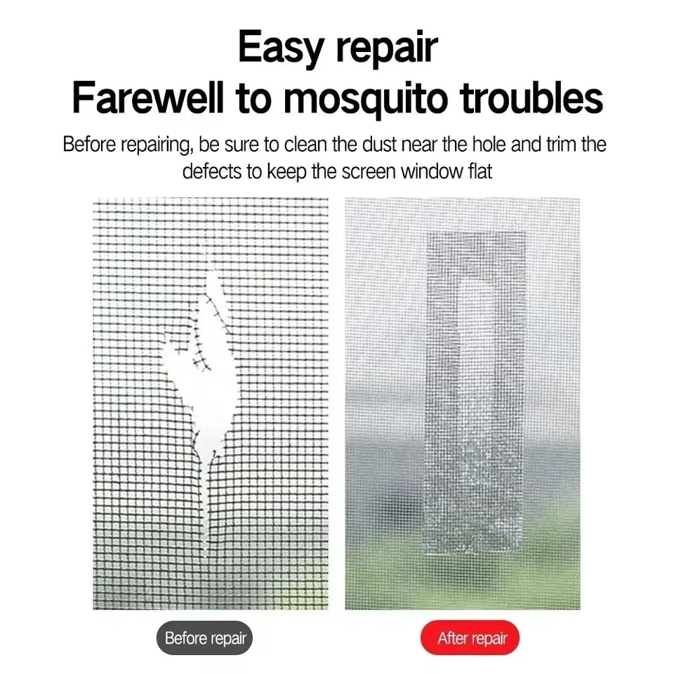 Comparison showing a window screen before and after repair using self-adhesive tape to fix a hole.