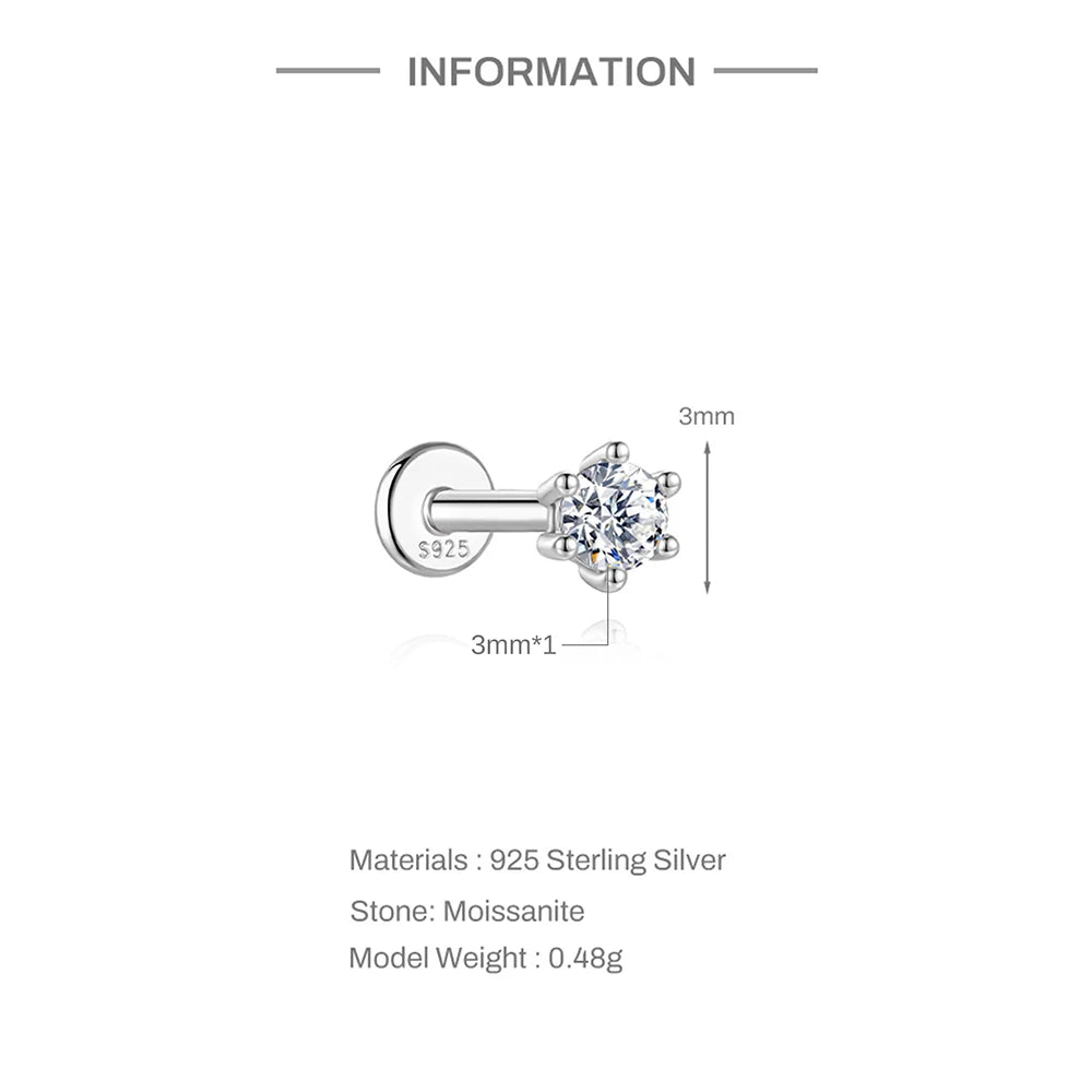 A close-up view of a 3mm stud earring featuring a clear moissanite stone set in 925 sterling silver.