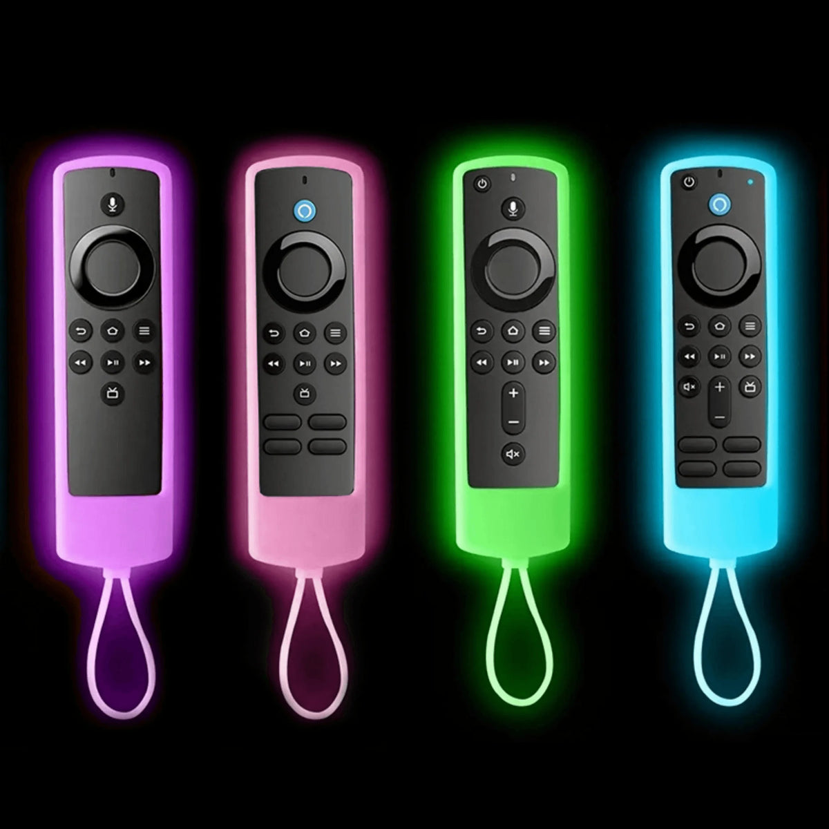Four glow-in-the-dark silicone remote covers for a Fire TV Stick in various colors.