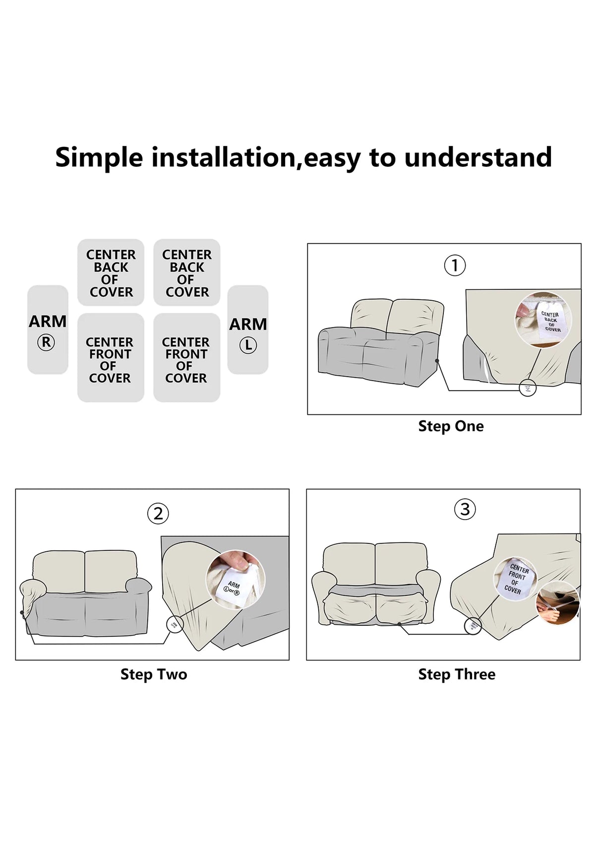 Instructions for simple installation of a decorative jacquard sofa cover set, showing steps one through three