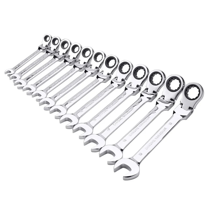 A set of 10 chrome vanadium flex-head ratcheting wrenches with a 72-tooth mechanism.