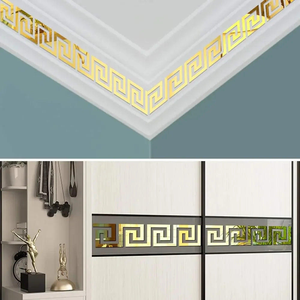 Gold Greek key pattern acrylic mirror wall stickers applied to a white wall molding and cabinet door.