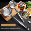 A stainless steel filter spoon is shown with various food items and a wooden cutting board.