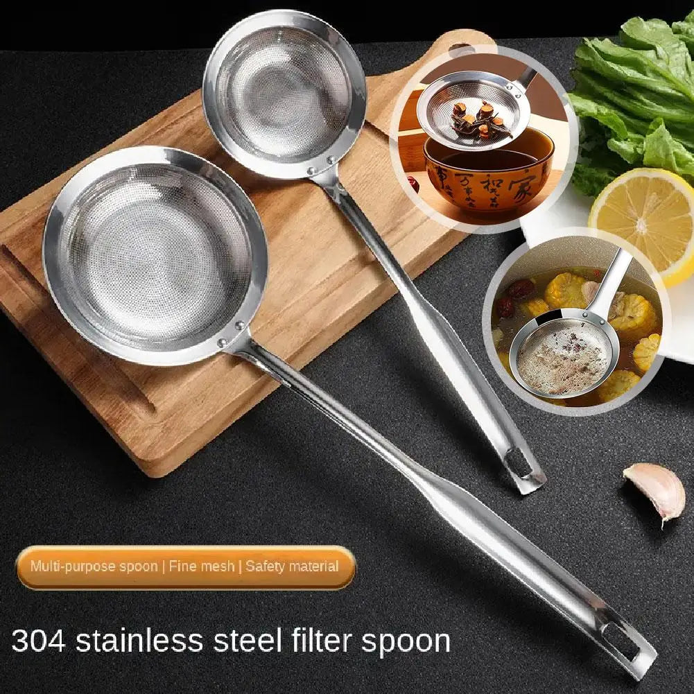 A stainless steel filter spoon is shown with various food items and a wooden cutting board.