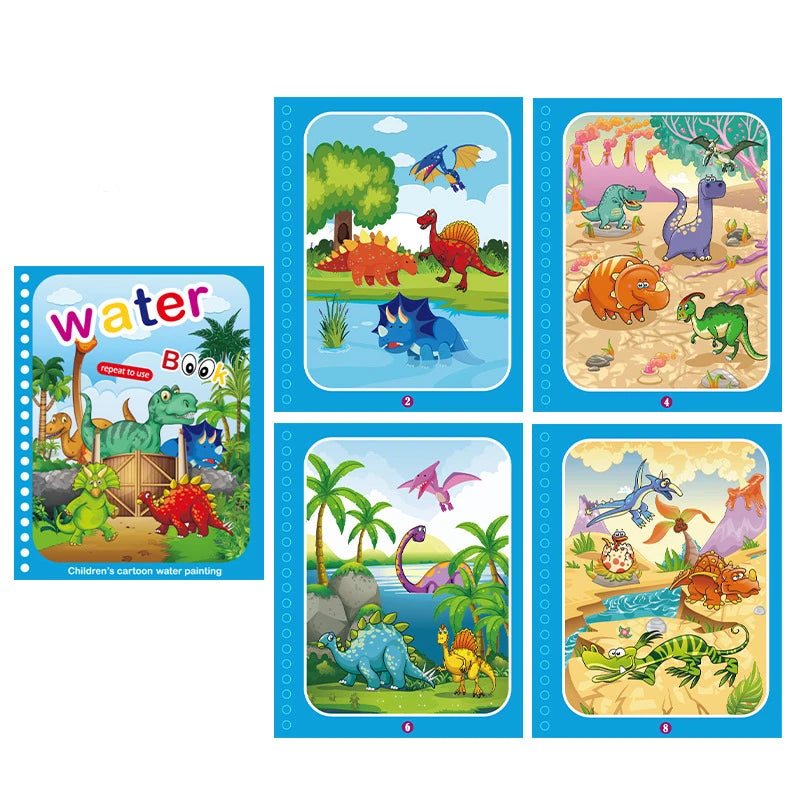 A set of six reusable magic water drawing books featuring colorful cartoon dinosaurs and jungle scenes for children.