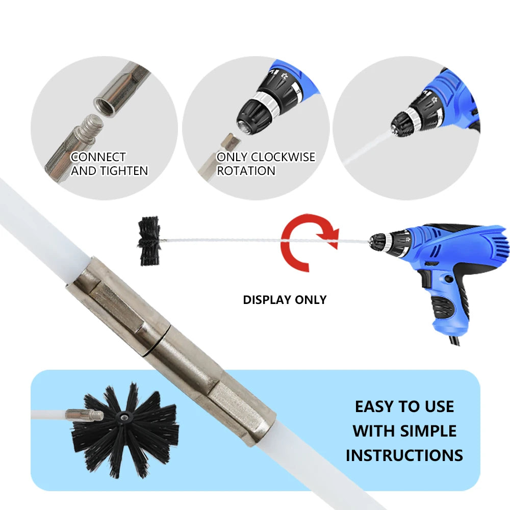 A cleaning brush kit for chimney and dryer vents showing various components and usage instructions.
