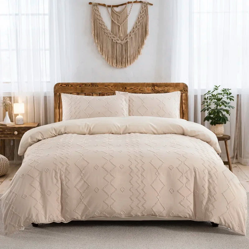 Tufted Boho Chic Duvet Cover Set with Textured Microfiber