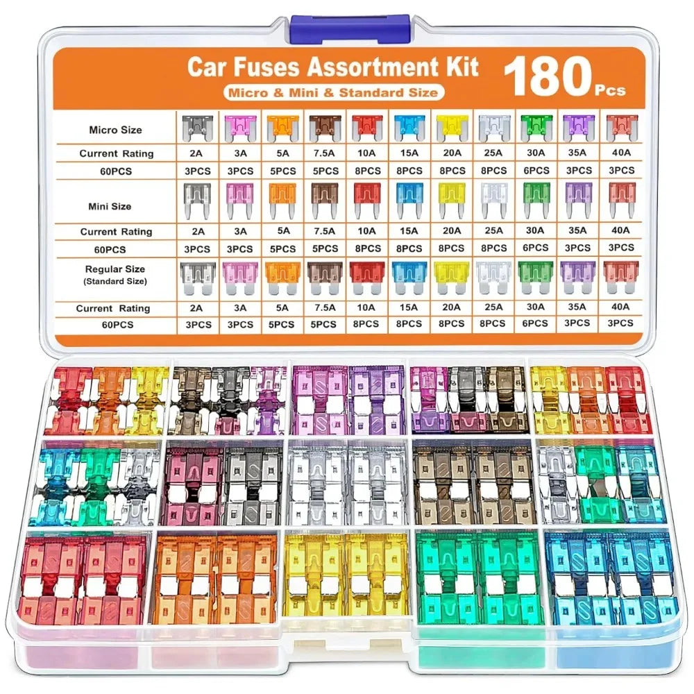 An assortment kit of 180 car fuses in various sizes and ratings stored in a plastic case.