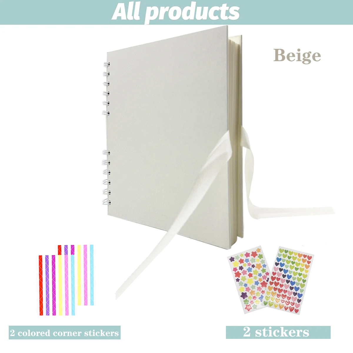 A beige scrapbook album with loose-leaf pages and two colorful corner stickers.