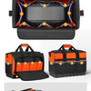 A black heavy-duty tool bag with an orange accent, showing interior and exterior pockets.
