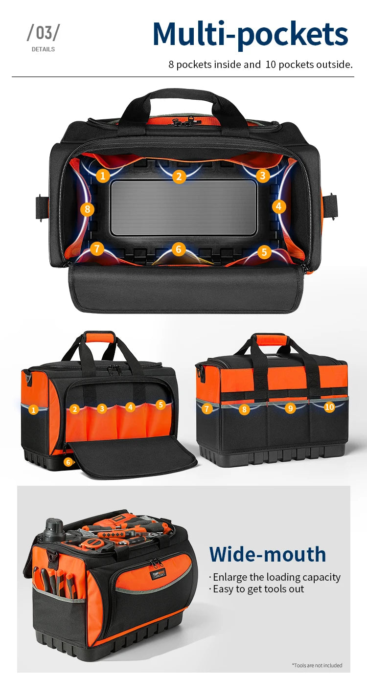 A black heavy-duty tool bag with an orange accent, showing interior and exterior pockets.