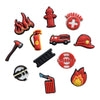 A set of red and orange PVC pins featuring firefighter, rescue, and flame designs for decoration.