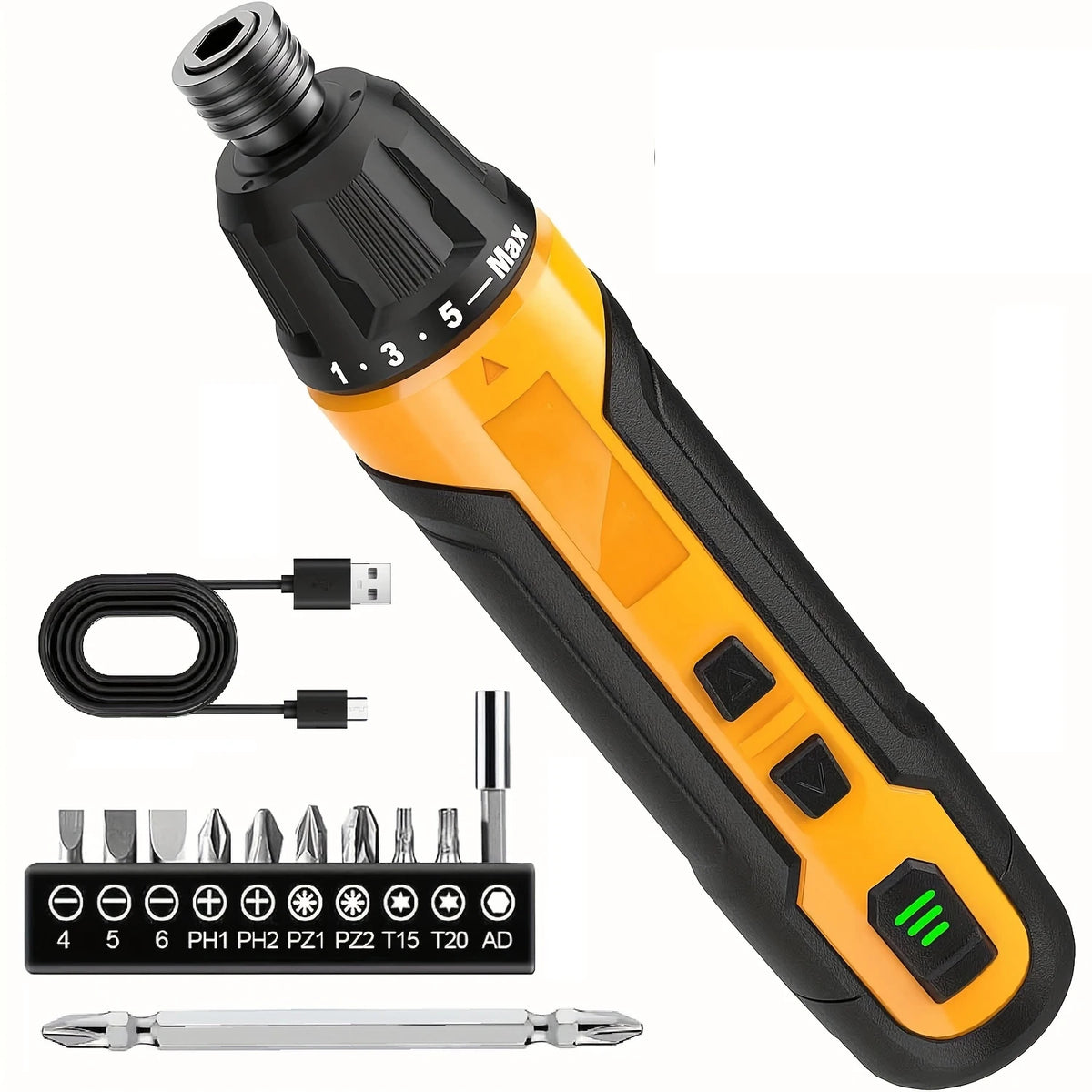An orange and black cordless electric screwdriver with a detachable driver bit and a flat-head screwdriver shown next to it.