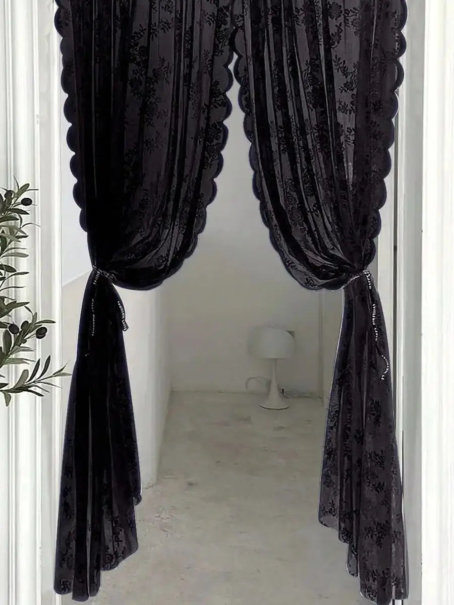 Black Floral Lace Sheer Curtain Panel with Rod Pocket