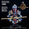 Hand-painted Monkey King figurine seated with staff and a separate figure in the background
