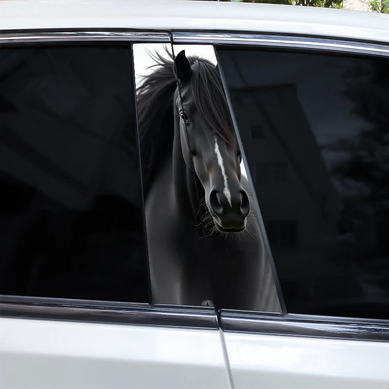 A close-up reflection of a black horse's head in a car window.