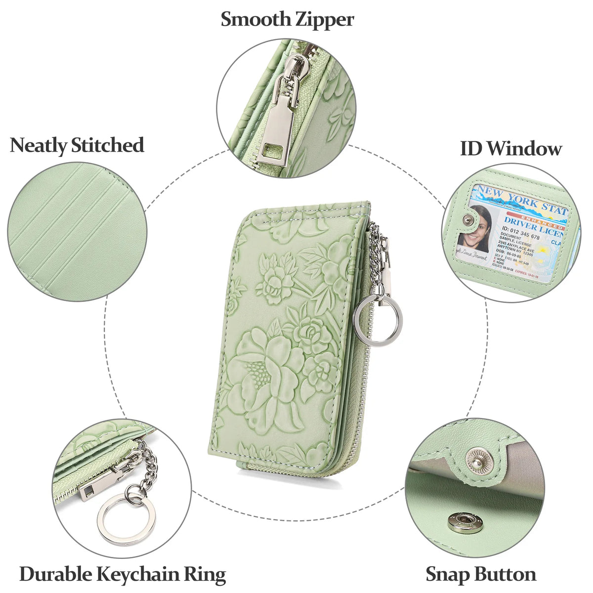 Embossed Zip Coin Purse with Key Ring and Card Slots