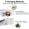 Zwei Ladeoptionen für eine portable Mini-Nähmaschine: AA-Batterien und ein 6V DC-Netzteil.