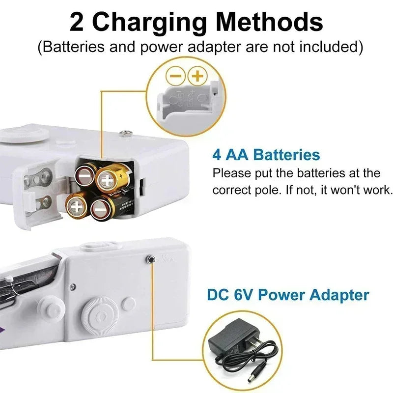 Zwei Ladeoptionen für eine portable Mini-Nähmaschine: AA-Batterien und ein 6V DC-Netzteil.