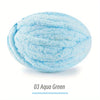 A ball of light blue aqua green chenille yarn for hand knitting